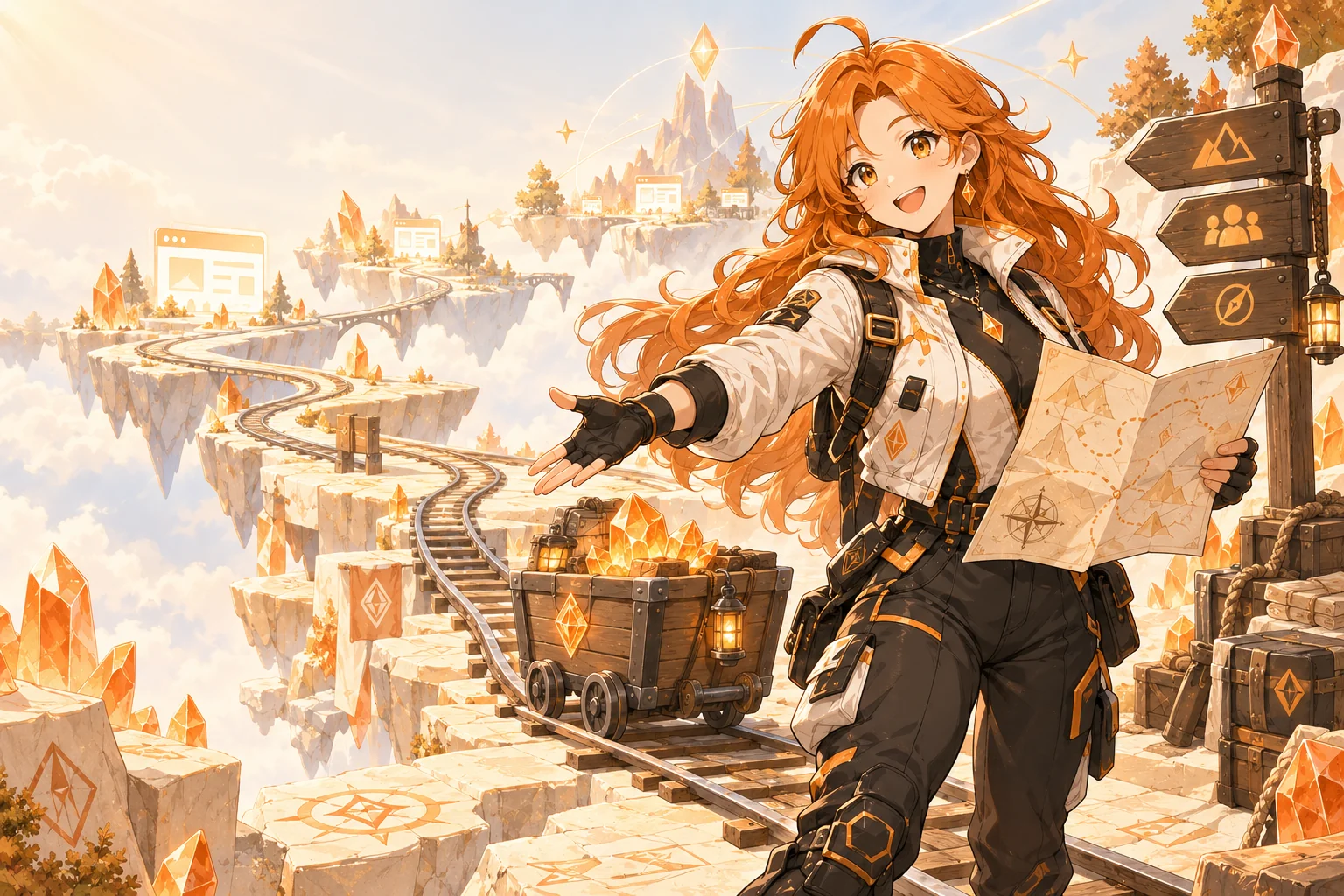 Amber welcomes you onto branching crystal trails, holding a map beside a Minecart of glowing amber crystals, with web-app windows along the route.
