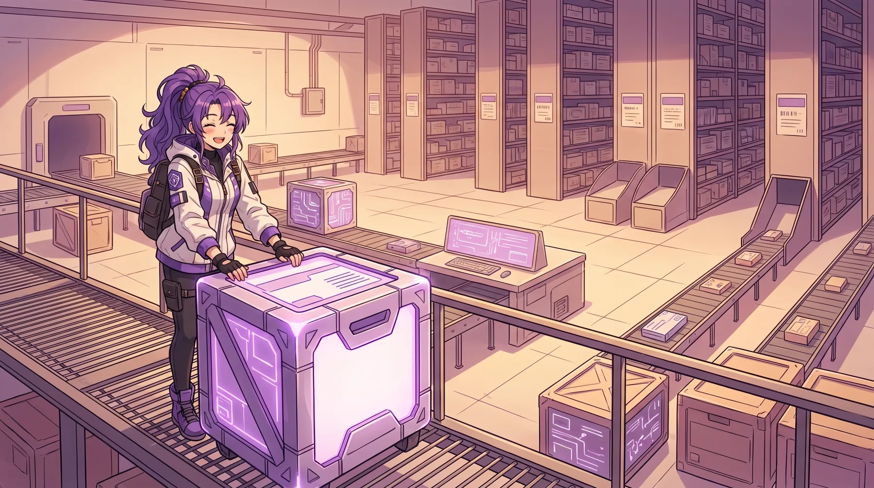 Gemma routing a large digital file crate through a logistics warehouse
