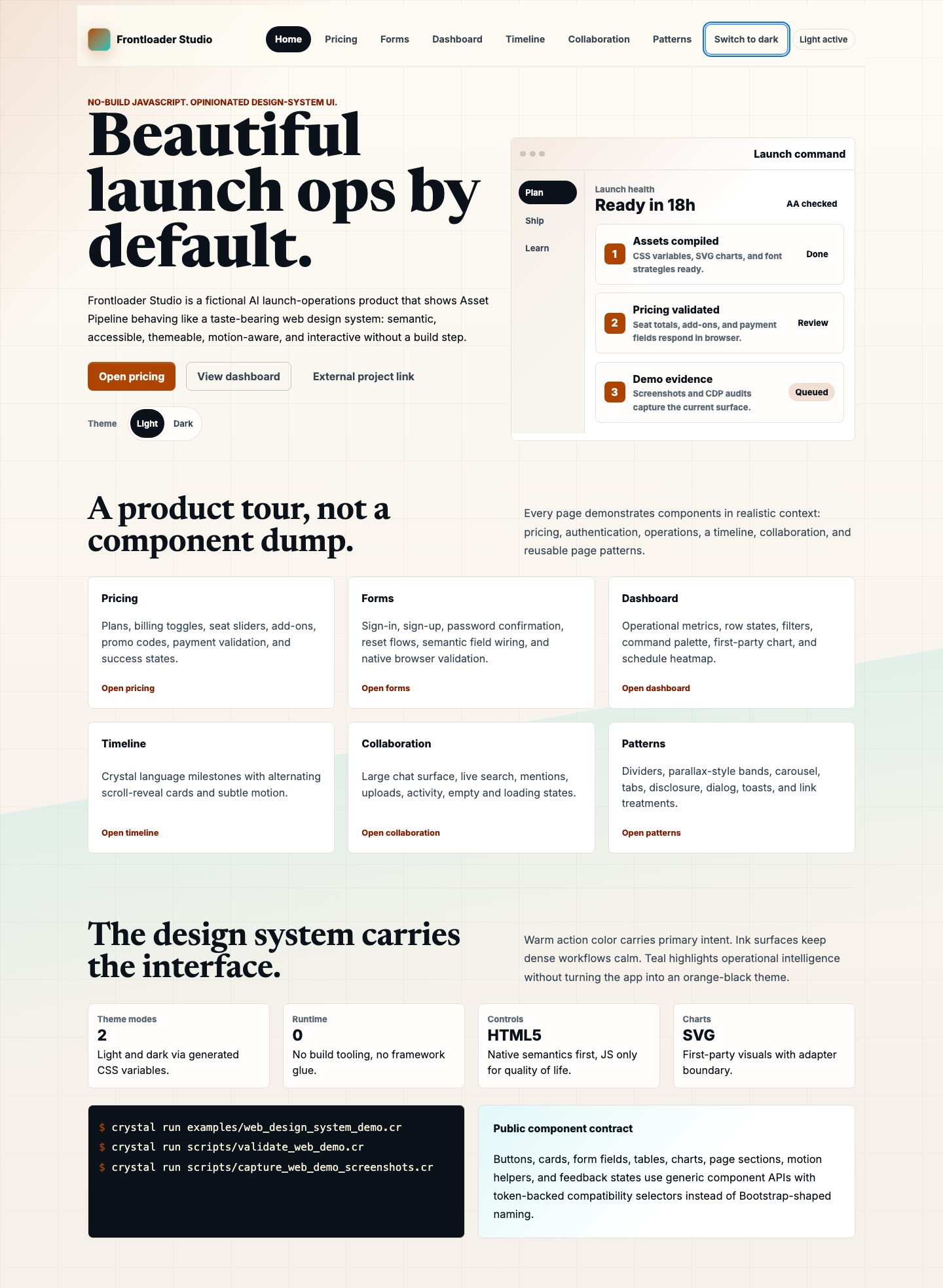 Retained Frontloader Studio overview showing component-based navigation, theme controls, launch preview, and links to six other demo pages.